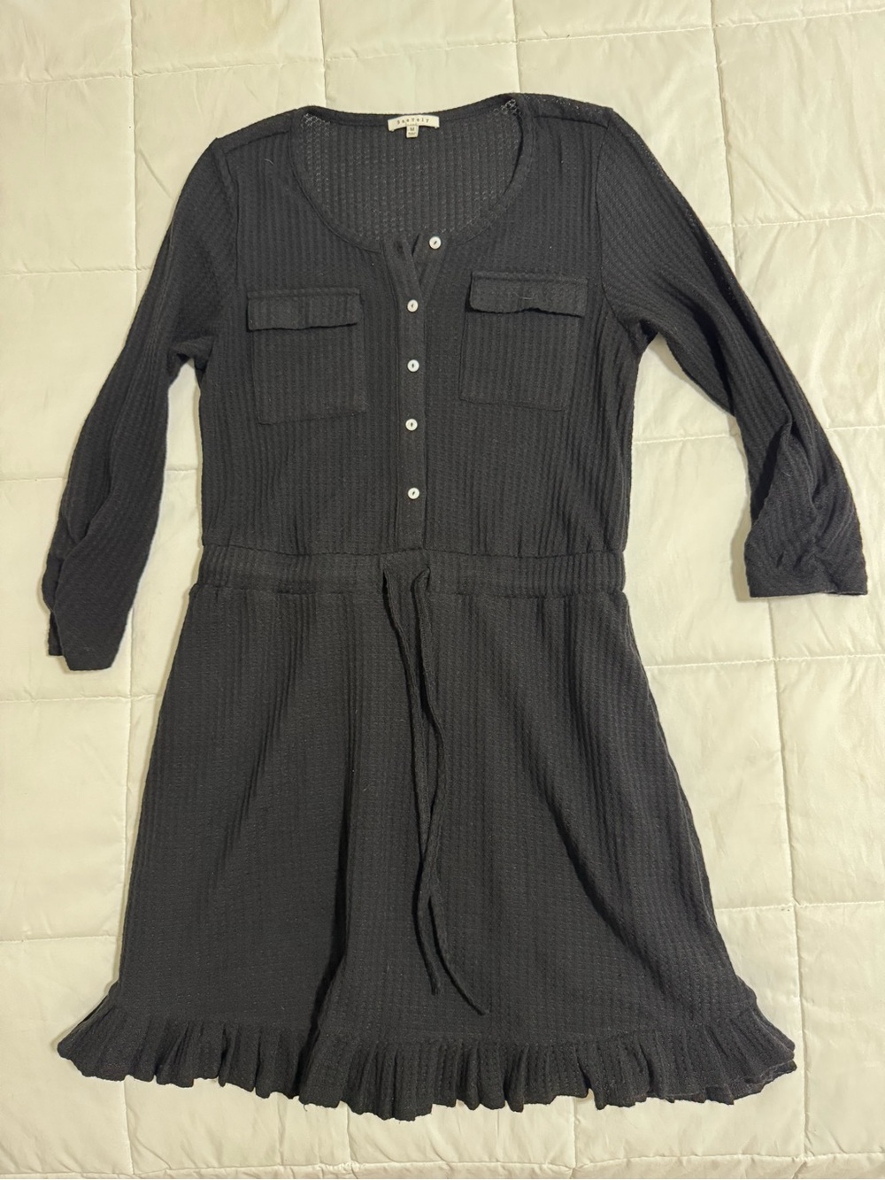 Waffle-Knit Scoop Neck Mini Dress in Black